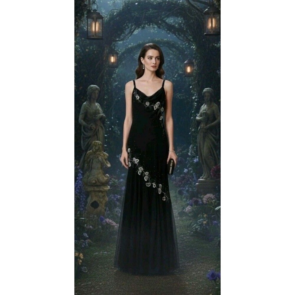 Vtg 90s Y2K Silk Beaded Dress Women's 14 Chiffon Maxi Fairy Whimsigoth XSCAPE